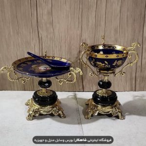 پیاله و پیش دستی پایه برنزی با سنگ مشکی طرح لیلی مجنون ظرف سرمه ای